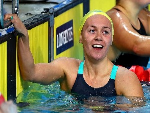 ARIARNE TITMUS of Australia smiles following victory in the Women's 400m Freestyle Final on day six of the Gold Coast 2018 Commonwealth Games at Optus Aquatic Centre in the Gold Coast, Australia.