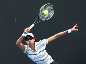 ASTRA SHARMA plays a forehand during the Australian Open Play-off at Melbourne Park in Melbourne, Australia.