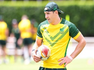 BILLY SLATER looks on during the Australian Kangaroos Rugby League World Cup training session at Langlands Park in Brisbane, Australia.