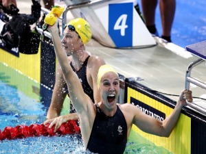BRONTE CAMPBELL of Australia celebrates victory in the Women's 100m Freestyle Final of the Gold Coast 2018 Commonwealth Games at Optus Aquatic Centre in the Gold Coast, Australia.