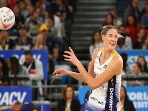 CAITLIN BASSETT of the Lightning throws the ball prior to Super Netball match between the Vixens and the Lightning at Hisense Arena in Melbourne, Australia.