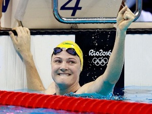 CATE CAMPBELL of Australia celebrates winning gold and a new world record in the Final of the Women's 4 x 100m Freestyle Relay of the Rio 2016 Olympic Games at the Olympic Aquatics Stadium in Brazil.