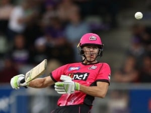 DANIEL HUGHES of the Sydney Sixers bats during the Big Bash League match between the Hobart Hurricanes and the Sydney Sixers at Blundstone Arena in Hobart, Australia.