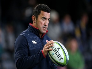 DARYL GIBSON, head coach of the Waratahs, looks on during team warm up ahead of the Super Rugby match between the Highlanders and the Waratahs at Forsyth Barr Stadium in Dunedin, New Zealand