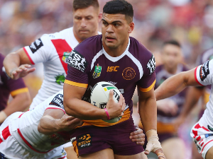 DAVID FIFITA of the Broncos is tackled during the NRL Elimination Final match between the Brisbane Broncos and the St George Illawarra Dragons at Suncorp Stadium in Brisbane, Australia.