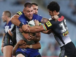 DAVID KLEMMER of the Bulldogs is tackled during the NRL match between the Bulldogs and the Panthers at ANZ Stadium in Sydney, Australia.