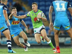 JACK WIGHTON of the Raiders runs with the ball during the NRL match between the Gold Coast Titans and the Canberra Raiders at Cbus Super Stadium in Gold Coast, Australia.