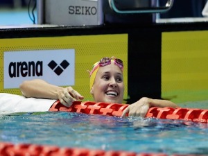 JESSICA HANSEN of Australia celebrates winning the silver medal after competing in the Women's 100m Breaststroke Final on day one of the Pan Pacific Swimming Championships at Tokyo TIS Center in Tokyo, Japan.