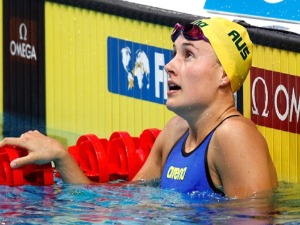 JESSICA HANSEN of Australia reacts during the Women's 50m Breaststroke semi final of the FINA World Championships in Budapest, Hungary.