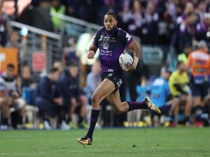 JOSH ADDO-CARR of the Storm scores a try during the 2017 NRL Grand Final match between the Melbourne Storm and the North Queensland Cowboys at ANZ Stadium in Sydney, Australia.