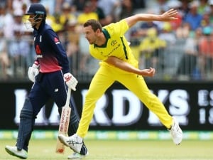 JOSH HAZLEWOOD of Australia bowls during the One Day International match between Australia and England at PS in Perth, Australia.