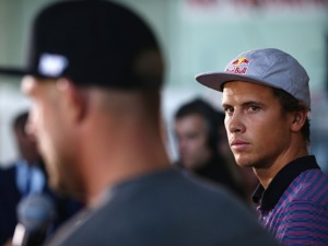 Australian surfers Mick Fanning and JULIAN WILSON speak to the media during a press conference at All Sorts Sports Factory in Sydney, Australia.