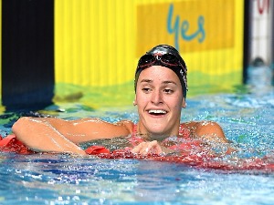 KAYLEE MCKEOWN gives a smile after winning the final of the Women's 200m Backstroke event during the 2018 Australia Swimming National Trials at the Optus Aquatic Centre in Gold Coast, Australia.