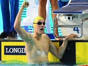 MACK HORTON of Australia celebrates victory in the Men's 4 x 200m Freestyle Relay Final of the Gold Coast 2018 Commonwealth Games at Optus Aquatic Centre in Gold Coast, Australia.