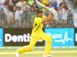 MARCUS STOINIS of Australia bats during the One Day International match between Australia and England at Perth Stadium in Perth, Australia.