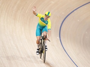 MATT GLAETZER of Australia celebrates winning the Men's 1000m Time Trial during Cycling of the Gold Coast 2018 Commonwealth Games at Anna Meares Velodrome in Brisbane, Australia.