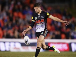 NATHAN CLEARY of the Panthers kicks during the NRL match between the Penrith Panthers and the Canterbury Bulldogs at Pepper Stadium Sydney, Australia.