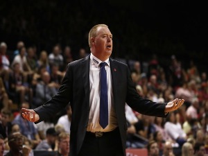 Hawks head coach ROB BEVERIDGE argues a referees call during the NBL match between the Illawarra Hawks and the Perth Wildcats in Wollongong, Australia.