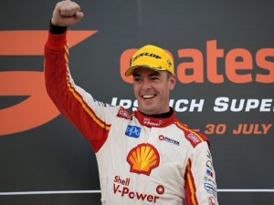 SCOTT MCLAUGHLIN driver of the Shell V-Power Racing Team Ford Falcon FGX celebrates after winning the Ipswich SuperSprint, which is part of the Supercars Championship at Queensland Raceway in Ipswich, Australia.