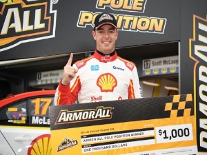 SCOTT MCLAUGHLIN driver of the #17 Shell V-Power Racing Team Ford Falcon FGX celebrates after taking pole position for race 10 during the Supercars Phillip Island 500 at Phillip Island Grand Prix Circuit in Phillip Island, Australia.