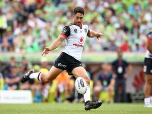 SHAUN JOHNSON of the Warriors kicks his first field goal of the match to bring the scores level during the NRL match between the Canberra Raiders and the New Zealand Warriors at GIO Stadium in Canberra, Australia.