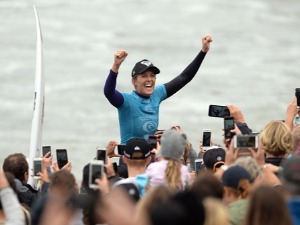 STEPHANIE GILMORE of Australia celebrates after winning the Rip Curl Pro Bells Beach at Bells Beach in Melbourne, Australia.