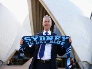 STEVE CORICA poses after his announcement as coach during the Sydney FC coach announcement press conference at Sydney Opera House in Sydney, Australia.