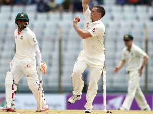 STEVE O'KEEFE of Australia bowls during Test match between Bangladesh and Australia at Zahur Ahmed Chowdhury Stadium in Chittagong, Bangladesh.