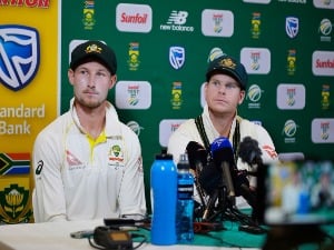 STEVE SMITH and CAMERON BANCROFT of Australia during Sunfoil Test match between South Africa and Australia at PPC Newlands in Cape Town, South Africa.