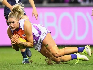 TAYLA HARRIS of the Allies marks during the AFL Women's State of Origin match between Victoria and the Allies at Etihad Stadium in Melbourne, Australia.