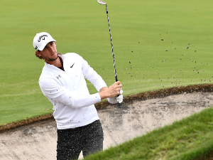 THOMAS PIETERS of Belgium plays out of the bunker during the 2018 World Cup of Golf at The Metropolitan in Melbourne, Australia.