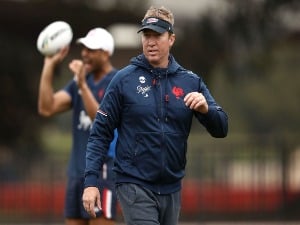 TRENT ROBINSON looks on during a Sydney Roosters NRL training session at Allianz Stadium in Sydney, Australia.