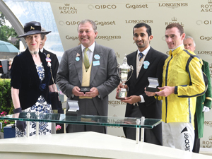 Trophy Presentation by The Princess Royal after Move Swiftly won the Duke Of Cambridge Stakes