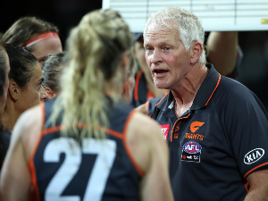 Giants coach ALAN MCCONNELL talks to players during the AFLW match between the Greater Western Sydney Giants and North Melbourne Kangaroos at Drummoyne Oval in Sydney, Australia.
