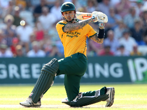 ALEX HALES of Notts Outlaws bats during the Vitality T20 Blast match between Notts Outlaws and Yorkshire Vikings at Trent Bridge in Nottingham, England.