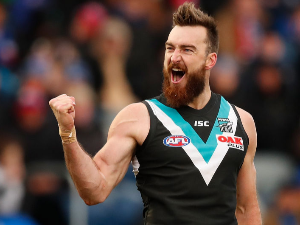 CHARLIE DIXON of the Power celebrates a goal during the 2018 AFL match between the Western Bulldogs and the Port Adelaide Power at Mars Stadium in Ballarat, Australia.