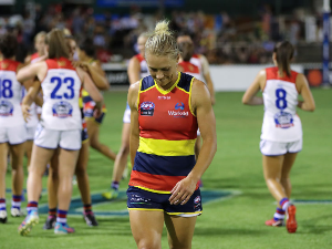ERIN PHILLIPS of the Crows after the loss during the NAB AFLW match between the Adelaide Crows and the Western Bulldogs at Norwood Oval in Adelaide, Australia.