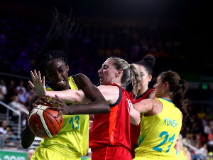 EZI MAGBEGOR of Australia (L) in action during the Women's Gold Medal Game on day 10 of the Gold Coast 2018 Commonwealth Games at Gold Coast Convention Centre on the Gold Coast, Australia.