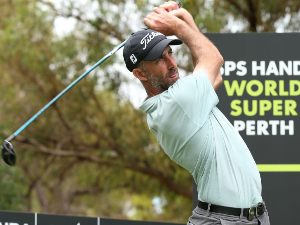 GEOFF OGILVY of Australia plays his tee shot during the Pro-Am of the ISPS Handa World Super 6 Perth at Lake Karrinyup Country Club in Perth, Australia.