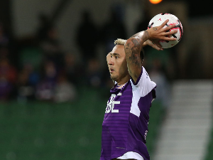 JASON DAVIDSON of the Glory looks to throw the ball in during the A-League match between the Perth Glory and Adelaide United at HBF Park in Perth, Australia.