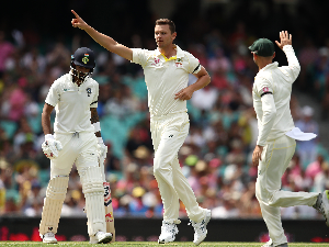 JOSH HAZLEWOOD of Australia celebrates after taking a wicket during the Fourth Test match in the series between Australia and India at SCG in Sydney, Australia.