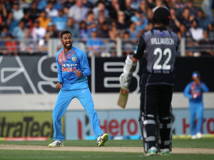 KRUNAL PANDYA of India celebrates his wicket during the International T20 Series between the New Zealand Black Caps and India at Eden Park in Auckland, New Zealand.