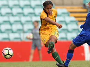 MARY FOWLER of Australia takes a shot at goal during the International match between the Young Matildas and Thailand at Leichhardt Oval in Sydney, Australia.