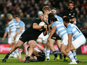 OWEN FRANKS of the All Blacks on the charge during The Rugby Championship match between the New Zealand All Blacks and Argentina at Nelson, New Zealand.