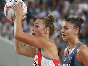 PAIGE HADLEY of the Swifts controls the ball during the Super Netball match between the Vixens and the Swifts at Margaret Court Arena in Melbourne, Australia.