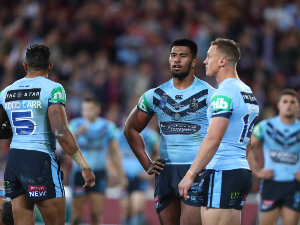 PAYNE HAAS and the Blues look on after a Maroons try during the game between the Queensland Maroons and the New South Wales Blues at Suncorp Stadium in Brisbane, Australia.