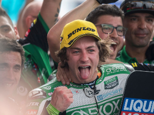 REMY GARDNER of Australia and Onexox TKKR Sag Team celebrates the second place on the podium during the Moto2 race during the MotoGp of Argentina - in Rio Hondo, Argentina.