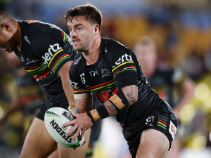 WAYDE EGAN of the Panthers runs the ball during the NRL match between the New Zealand Warriors and the Penrith Panthers at Mt Smart Stadium in Auckland, New Zealand.