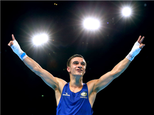 ANDREW MOLONEY of Australia celebrates winning the gold medal during the Glasgow Commonwealth Games in Glasgow, Scotland.