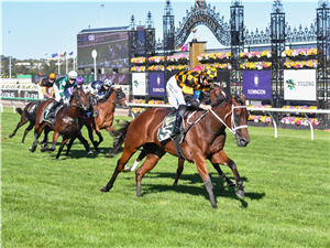 JOLIESTAR winning the Newmarket Handicap at Flemington in Australia.